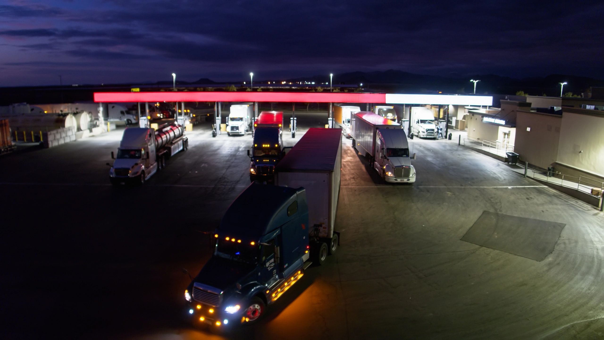 Gas station exterior at night