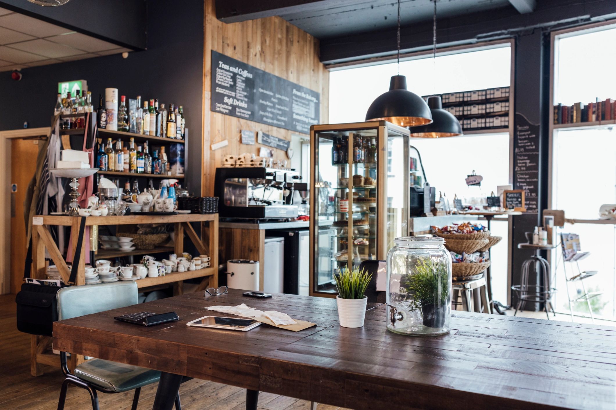 Cafe interior with seating and coffee counter